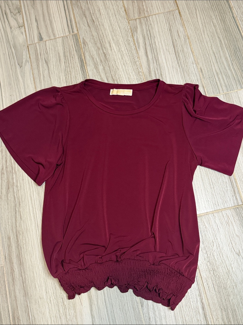 Michael Kors Wine Short Sleeve Top with Smocked Hem